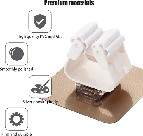 Self-Adhesive Mop Holder, Wall Mounted Broom Rack, Cleaning Tools Sticker Hook, No Drilling Anti-Slip Gadget (4pcs)