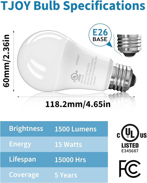 Bulbs, 100 A19, 5000K Bulb, 15W Lightbulbs E26 1500 Dimmable 6 Pack TJOY LED Light Watt Equivalent Daylight LED Bright