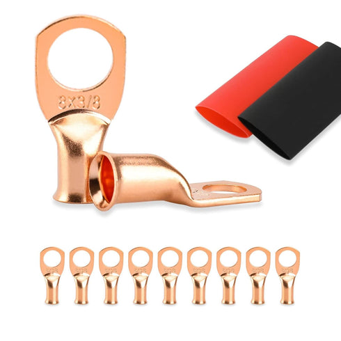 10PCS Battery Cable Ends, 8 Gauge Wire Connectors, 3/8 Copper Wire Lugs with Heat Shrink Tubing