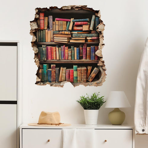 flaxarne 3D Bookshelf Wall Stickers Faux Hole Book Design Decorative PVC Wall Art for Bedroom Living Room Decoration