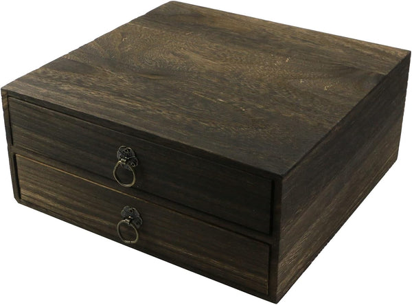 Wooden Desk Organizer - Vintage Decorative Small Box, 10" x 9.5" x 4.4", 2 Floors Mini Desk Drawer