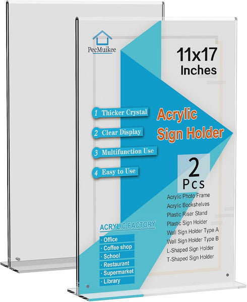 PecMuikee 2 Pack Acrylic Sign Holder11 x 17, Vertical T Shape Plastic