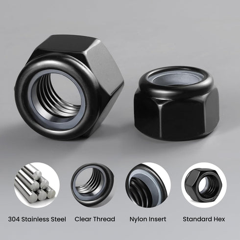 BNUOK 50Pcs M6-1 304 A2-70 Lock Nuts, Nylon Insert Locknuts Stainless Steel Black Zinc Plated Self-Locking Nuts, Coarse