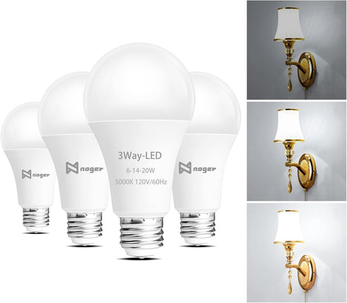Noger 3-Way Led Light Bulbs A21 4 Pack, 50 100 150W Equivalent, 5000K Daylight, E26 Light Bulbs
