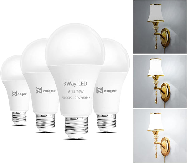 Noger 3-Way Led Light Bulbs A21 4 Pack, 50 100 150W Equivalent, 5000K Daylight, E26 Light Bulbs