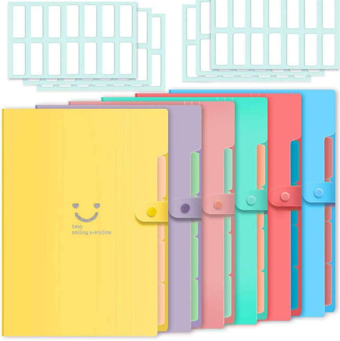 Selizo 6 Pcs Expanding File Folder with 5 Pockets, A4 Size Organizer and 168 Pcs File Folder Labels for School Office