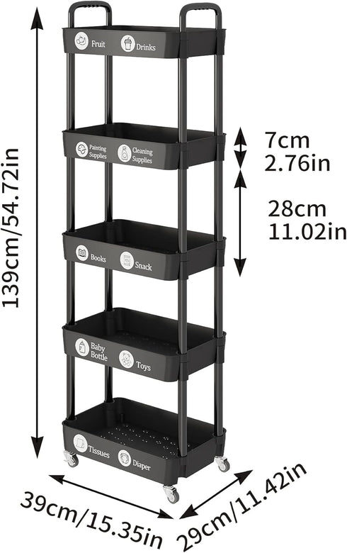 5-Tier Laiensia Multifunction Utility Rolling Cart, Plastic & Metal Storage Organizer, Black, Lockable Wheels, Modern