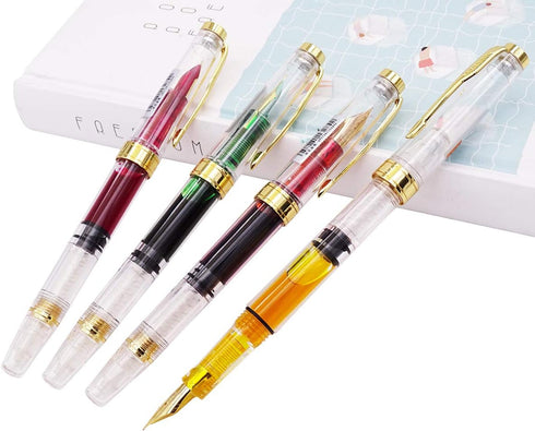 Lanxivi Yongsheng 3011 Demonstrator Clear Classical Fountain Pen, Fine Nib, Piston Filling System, Set of 4