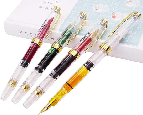 Lanxivi Yongsheng 3011 Demonstrator Clear Classical Fountain Pen, Fine Nib, Piston Filling System, Set of 4
