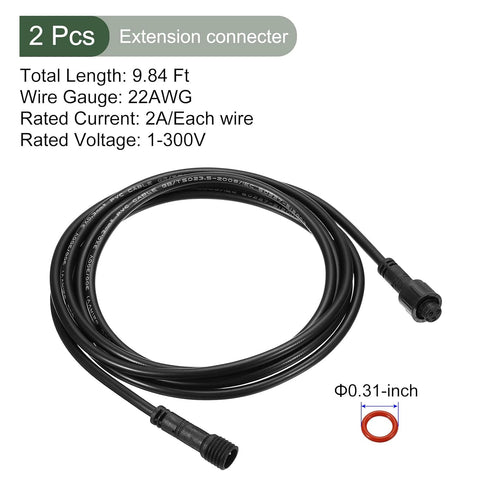 YOKIVE 2 Pcs 3 Pin Extension Cable Wire, Power Transmission Extension Equipment Connection, Great for LED Equipment, Car, Truck, Boat (Black, 9.84-Feet)