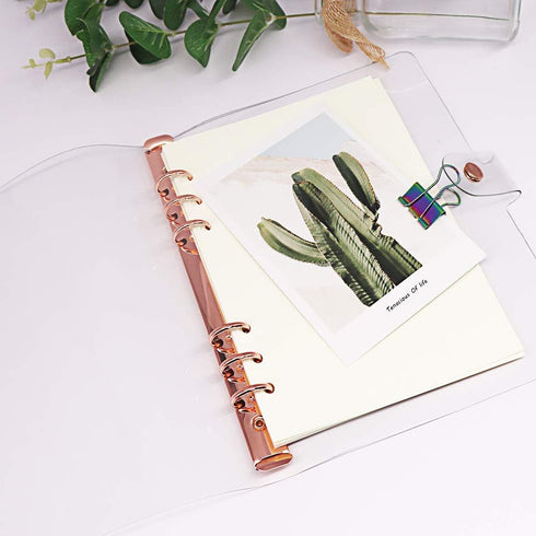 Clear A5 Binder, Rose Gold, 6 Ring Budget Binders, Snap Button Closure, Soft PVC Notebook Protector