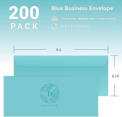 Business Envelopes, 200-Pack #10 Blue Envelopes, Standard Square Flap, Perfect for Invitations and Mailing