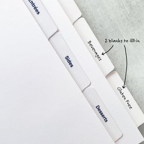 PRE-PRINTED RECIPE BINDER INDEX TAB DIVIDERS – SETS of 10. Helpful Categories turn any Binder into a Recipe Book by Nancy Nikko