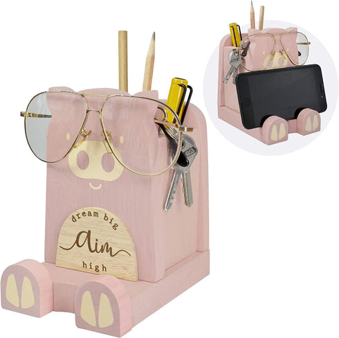 Wood Multipurpose Eyeglass Phone Pen & Pig Pencil Holder, Desk Box Organizer Accessories Decor, Home Office Desktop