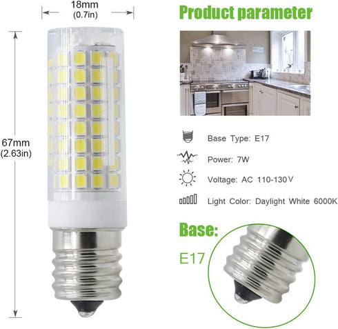 E17 LED Microwave Oven Light Bulb, Replacement 40W 60W 75W Halogen Range Hood 7W Dimmable White 6000K (Pack of 2)