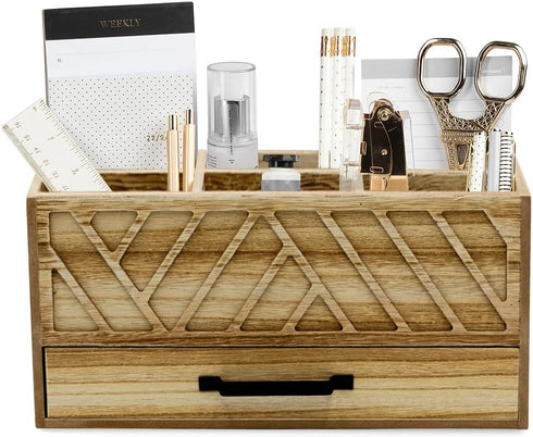 BLU MONACO Natural Wood Desktop Pen Organizer - Stylish Pen Holder with Drawer for Office and Art Supplies