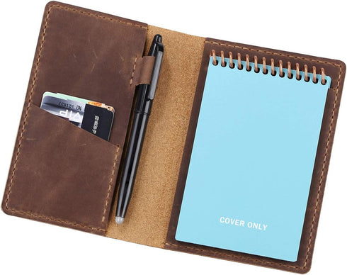Leather Journal Cover - Compatible with 3.5" x 5.5" Pocket Size Notebook, Brown with Pen Loop