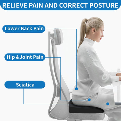 Seat Cushion for Office Chair & Car - Memory Foam Coccyx Support Pillow with Non-Slip Cover, Sciatica & Lower Back Pain