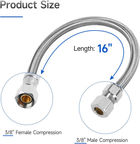 JUWO 16" Faucet Supply Line Extension, 3/8" x 3/8" Comp Stainless Steel Faucet Extension Hose Connector, For Large Sink or Longer Distance Extention