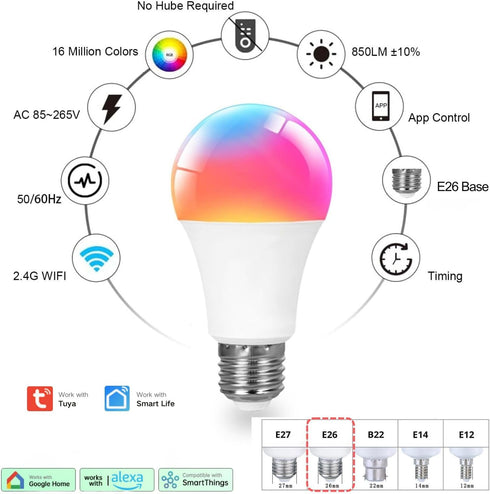A19 Bulb, 9W 900LM Bulb 16 2.4GHz Decor(2Pack) Smart Light RGB+CCT LED - Million Vibrant DIY Colors, Music Sync via