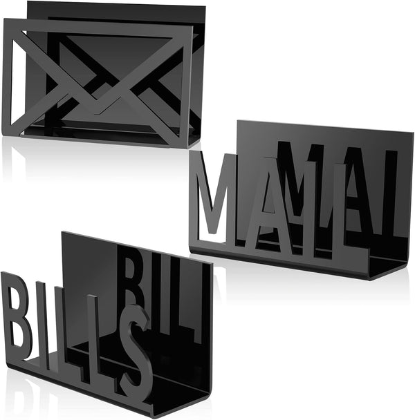 Desktop Mail Letter Holder, 3 Pieces Black Bills Organizer, Modern Cutout Envelope Design for Home Office