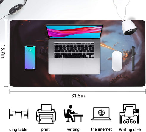 Extended Large Gaming Mouse Pad - Cool Dragon Flame XXL Size, Non-Slip Rubber Base, Stitched Edges, 35.4 x 15.7inch