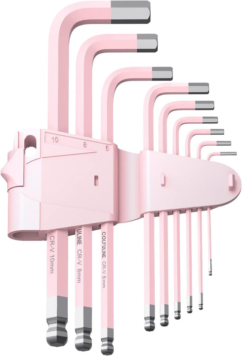 COLFULINE 9 PCS PINK Allen Key Set, Long Ball End Hex Key Set, Cr-V Wrench Set for Women, Size 1.5-10mm