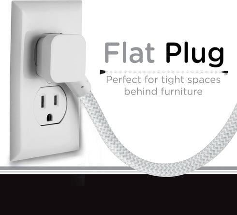 Cordinate Cube Extension Cord, 5 Ft, 3-Outlet Flat Plug, 3 Prong, 2 USB Ports, Braided, Gray/White, 55355