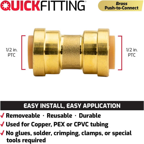 QuickFitting 1/2 Inch Push to Connect Coupling, Patented Design for Superior Sealing, 5-Pack Brass Fittings