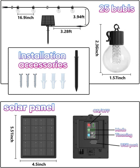 Waterproof,50FT 25LEDs G40 8 FREECUBE Solar String Lights Outdoor Warm White & Multicolor Hanging Lights Globe Solar