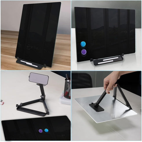 Black Magnetic Glass Board Desktop Easel, 16x12" Black Dry Erase Board for Desk, Tabletop Glass Whiteboard on