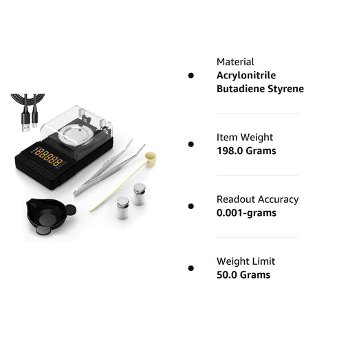 MAXUS Digital Milligram Scale 50g/0.001g, Compact Scale with 20g Calibration Weight, Black Powder Scale