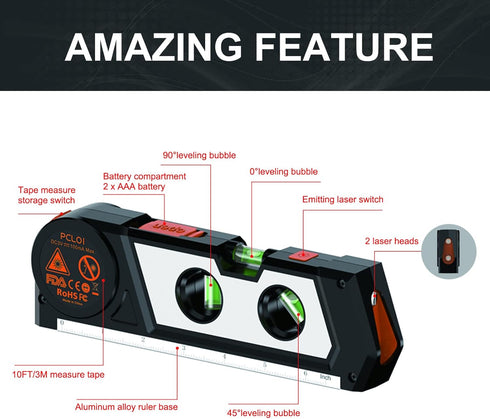 Laser Level Line Tool, 4 in 1 Multipurpose Cross Line Laser Level with Measure Tape Ruler