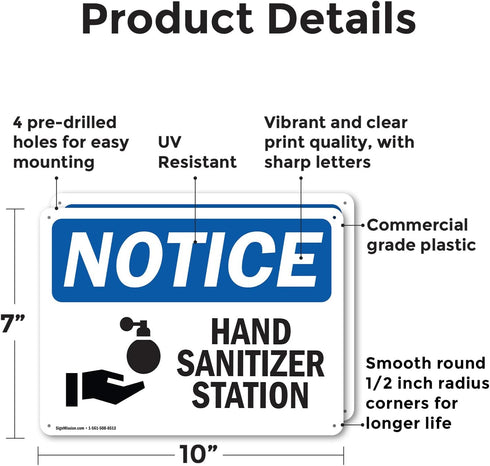 (2 Pack) 10 Inch 7 Inch Hand Sanitizer Station OSHA Notice Sign X Plastic Sign, Weather Resistant, UV Protected
