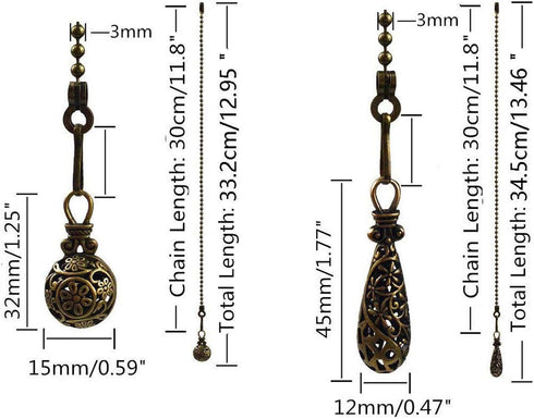 2Pcs 12 inch Ceiling Fan Pull Chain Extenders with Charm Pendant - Vintage Hollow-Out Bronze Pull Chains for Ceiling
