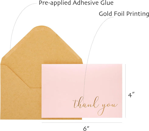 50 Pack 52 4" 6" CHRIZ.Z Thank You Cards - Blank Pink Matte Finish Cards with Gold Foiled Thank You Printed with Kraft