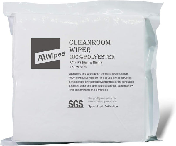 Cleanroom Cloth Wipes, 6"x6", 150 Pcs, Double Knit 100% Polyester Wipers, Lint Free, Ultra-soft, Laser Sealed Edge