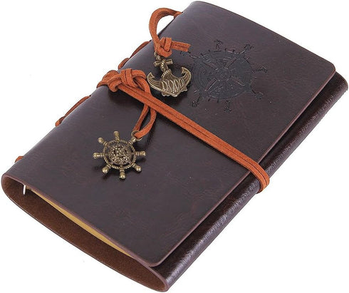 EvZ Leather Writing Journal Notebook, 7 Inches Vintage Nautical Spiral Notepad, Unlined Paper, Coffee