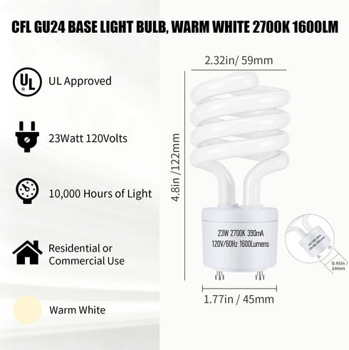 GU24 2 23W 2700K 1600lm Bulbs, T3 (100Watt Bulbs, 120v 60Hz, (3 Pack) Base Prong CFL Light Spiral Equivalent) Soft