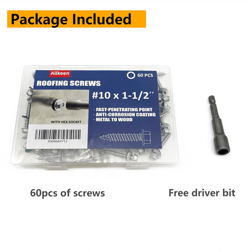 #10 x 1-1/2" Hex Head Sheet Metal Roof Screws, Rustpert Coating Metal to Wood Siding Screws, 60 Pieces