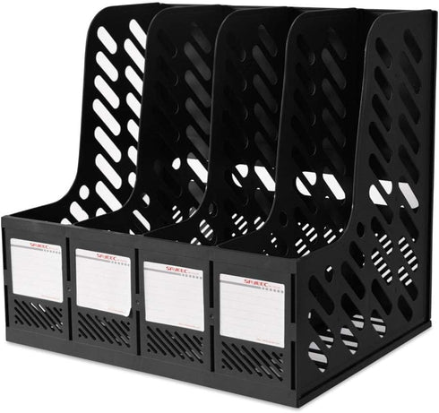 SAYEEC 4 Compartment File Holder, Plastic Magazine Organizer with Blank Labels for A5 Notebook Storage