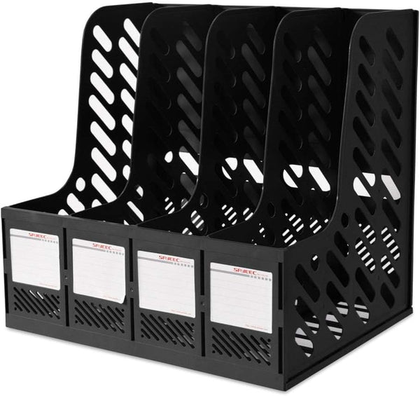 SAYEEC 4 Compartment File Holder, Plastic Magazine Organizer with Blank Labels for A5 Notebook Storage