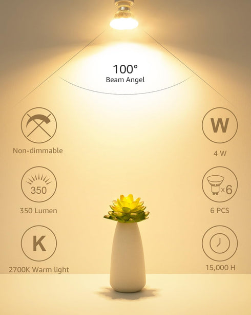Non-Dimmable GU10 Bulbs, 2700K GU10 Bulb 4W Bulbs 100Flood 3 Pack Lepro LED Light Soft Warm Light Replacement