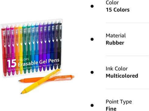 Erasable Gel Pens - 15 Colors Retractable Fine Point Pens for Drawing, Writing, and Crossword Puzzles