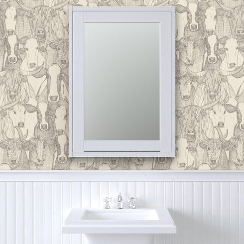 Spoonflower Removable Wallpaper Swatch - Neutral Cow Cattle Farming Rustic Farmhouse Dairy Friesian Bull Ox Highland
