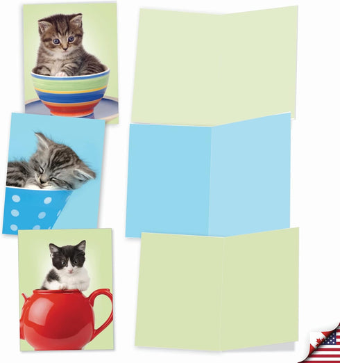 The Best Card Company 10 Adorable Blank Cat Cards (4 x 5.12 Inch) - Cute Kittens Assorted Bulk Notecard Set - Cup-Cats