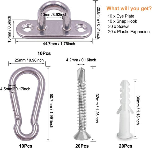 10 Pcs Stainless Steel 1.8 inch Pad Eye Plate U Hooks + 10 Pcs Snap Hook, Marine Hardware with Screws
