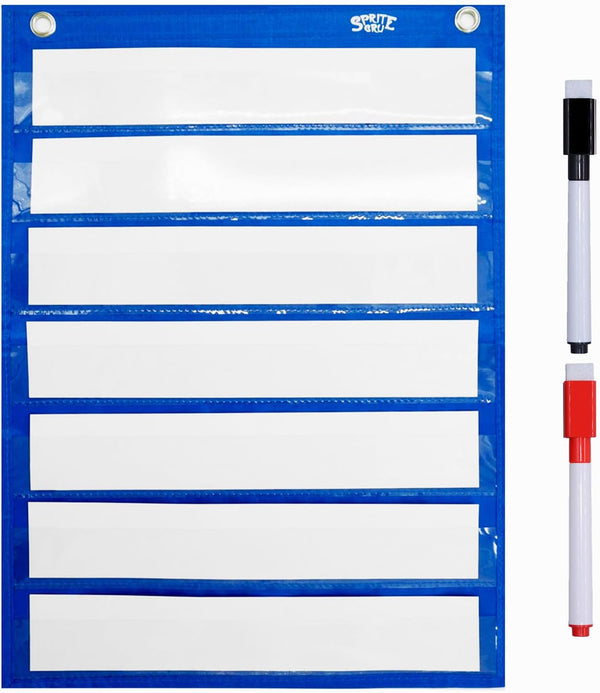 Magnetic Pocket Chart with 10 Dry Erase Cards for Standards, Daily Schedule, Activities, Class Demonstrations (Blue)