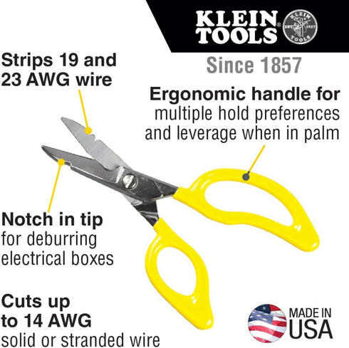 Klein Tools 26001 Scissors, Made in USA, All-Purpose Electrician's Scissors with Cable Cutting Notch, Serrated Blades, Deburr Notch, 6.75-Inch by Klein Tools