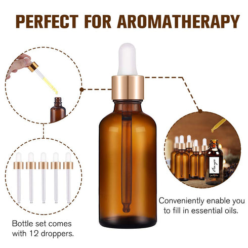 PrettyCare Eye Dropper Bottle 2 oz (12 Pack Amber Glass Bottles 60ml) with Golden Caps, Labels, Funnel & Pipettes